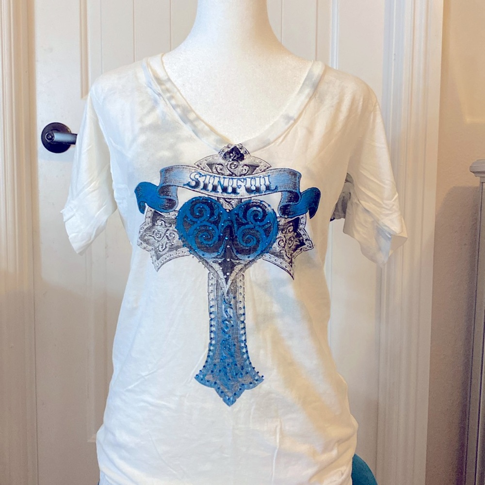 AFFLICTION WOMEN V NECK SHORT SLEEVES T SHIRT CASUAL STREET WEAR WHITE SZ L